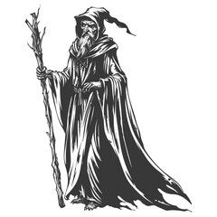 Fototapeta na wymiar elf mage or necromancer with magical staff images using Old engraving style