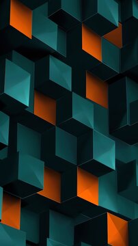 abstract iPhone wallpaper, geometric pattern, dark teal and orange color palette, 3D blocks with depth effect