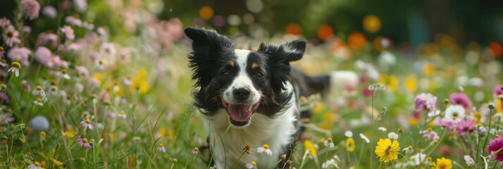 A black and white dog walks through a field filled with colorful flowers under a clear sky