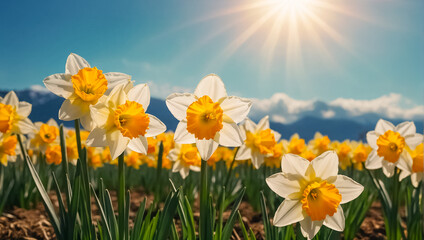 Fototapeta premium Beautiful narcissus flowers in the field
