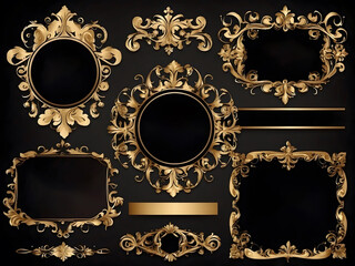 Obraz premium Luxury gold ornate invitation vector set. Collection of ornamental curls, dividers, borders, frames, corners, and components. set of elegant designs for weddings, menus, certificates, and branding