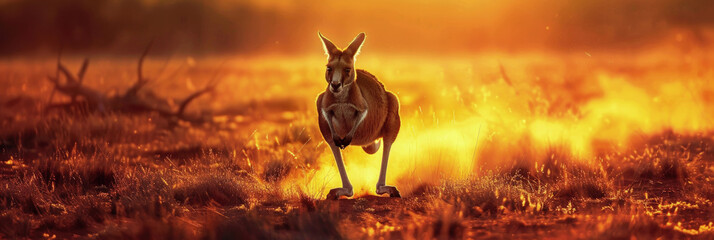 Kangaroo leaps gracefully through a vast field of lush green grass under clear blue sky - obrazy, fototapety, plakaty