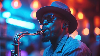 A captivating image of a jazz musician playing in a dimly lit club, the mood and ambiance reflecting the soul of the music.