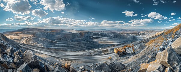 High-angle panoramic view of a large open-cast mine with machinery