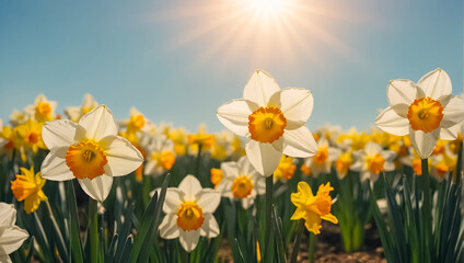 Beautiful narcissus flowers in the field design - obrazy, fototapety, plakaty