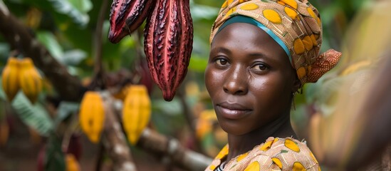 farmer african woman collecting  fresh cocoa beans in the forest, chocolate raw cocoa, Nigeria Gana, Africa