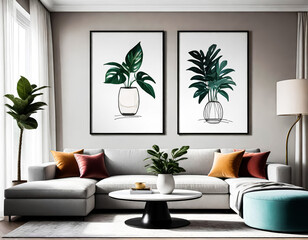 A paper size ISO frame mockup, Living room wall poster mockup, Interior house background mockup. Modern interior design in 3D rendering. Generative AI. V-4