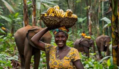 farmer african woman collecting  fresh cocoa beans in the forest, chocolate raw cocoa, Nigeria...