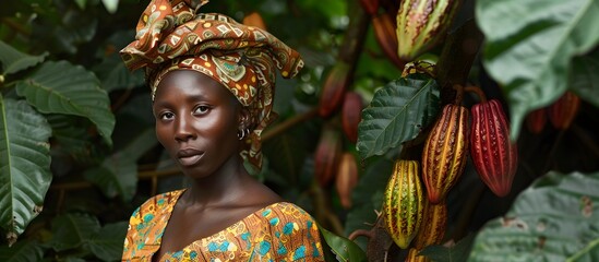 farmer african woman collecting  fresh cocoa beans in the forest, chocolate raw cocoa, Nigeria...