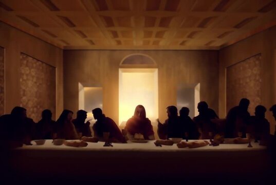 Jesus Christ at Last Supper meal on Passover before crucifixion on Good Friday with 12 apostles for a Christianity concept about The Good News. Photo animated using Artificial Intelligence.