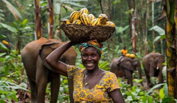 farmer african woman collecting  fresh cocoa beans in the forest, chocolate raw cocoa, Nigeria Gana, Africa