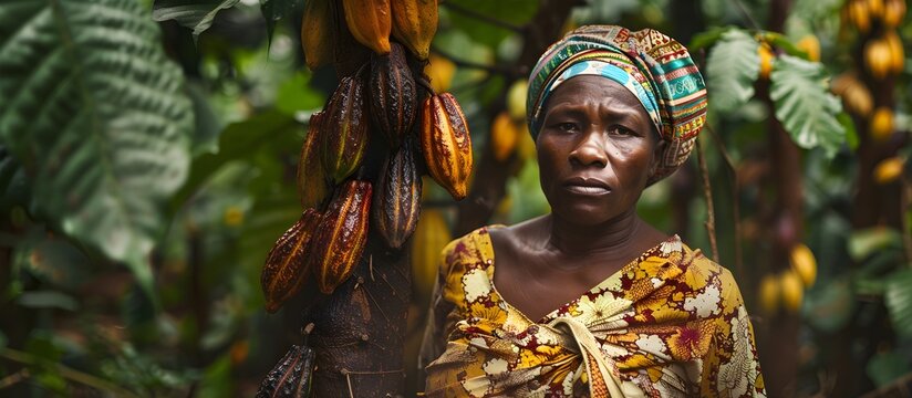 farmer african woman collecting  fresh cocoa beans in the forest, chocolate raw cocoa, Nigeria Gana, Africa