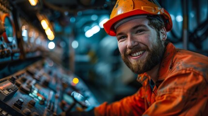 Smiling young miner with hard hat working in industrial environment