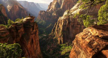 A man stands confidently on the edge of a cliff, surrounded by towering mountains, showcasing a...