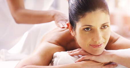 Back massage, salon and woman relax at spa for massage, skincare treatment and luxury pamper....