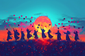 Silhouettes of graduates throwing caps at sunset, celebrating educational success. Graduation time in educational institutions.