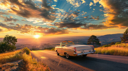 An old car with rusted paint drives down a rural road as the sun sets in the background, creating a warm and nostalgic scene