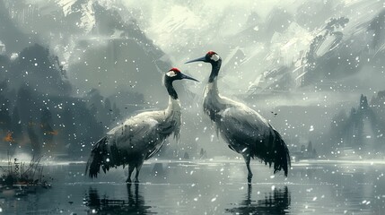 Graceful and majestic, a couple of beautiful crowned crane birds stand tall in a stunning...