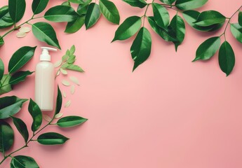 Pink Background With Green Leaves and a Cup of Tea