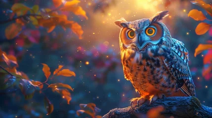 Fototapeten Illuminated by moonlight, a majestic owl perches in a colorful illustration against a dark backdrop, demonstrating the artistic capabilities of generative AI in portraying wildlife-3 © Sadia