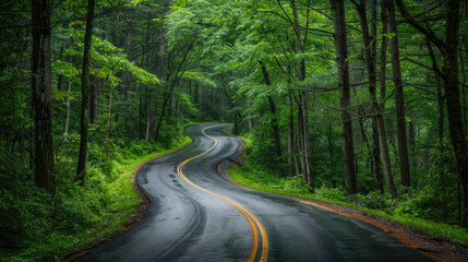 Naklejka premium Quiet, deserted road winds its way through a dense forest, devoid of any signs of life or movement
