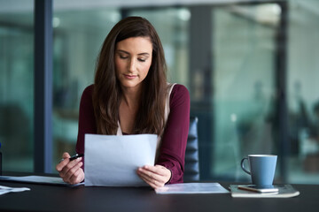 Contract, reading and business woman in office with pen for job promotion, onboarding or recruitment. Paperwork, career and female financial advisor with signature for company insurance document.