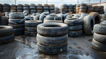 Tire Piles Awaiting Their Next Journey. Concept Urban Landscapes, Environmental Impact, Industrial Waste, Recycling Efforts