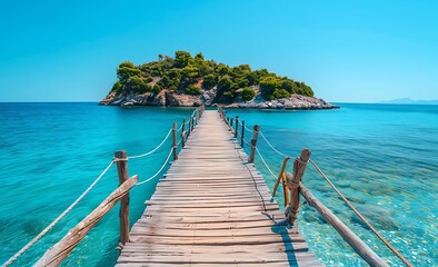 Stunning wooden bridge to a small island in the transparent turquoise sea water in Greece. A...