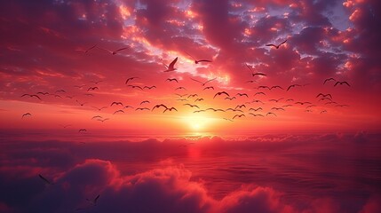 Majestic flocks of birds gracefully swooping across a twilight sky, their wings aglow with the hues...