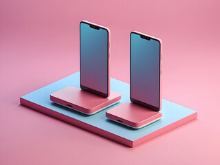 Modern Electronic devices in isometry. A 3D smartphone with the camera facing forward levitates on a pink-blue background design. Two phones hang sideways over a table design.