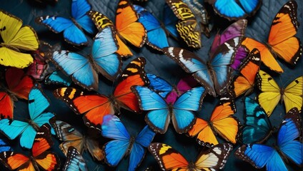 Colors of the tropics. Pattern of multicolored butterflies morpho, texture background.