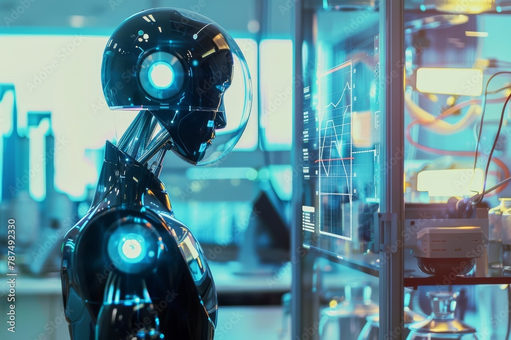 Poster futuristic robot analyzing data in a high-tech laboratory environment