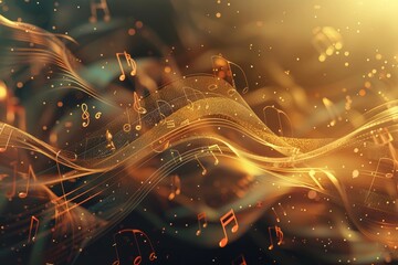 Abstract background with musical notes and waves, with copy space for text or design. Concept of music, sound, concert, creative art work. 3d rendering illustration - obrazy, fototapety, plakaty