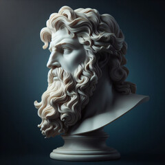 Handsome marble statue of powerful greek god Zeus over dark background, The powerful king of the gods in ancient Greek religion.	
