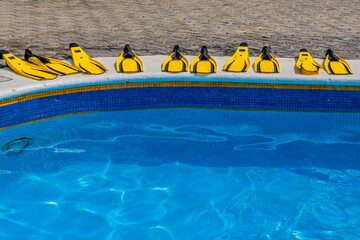 Yellow swim fins lined on a side of a swimming pool