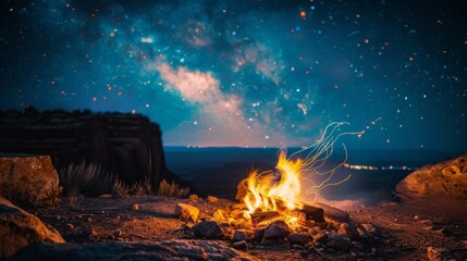 A campfire crackles under a starry sky illuminating the towering cliffs that surround the perfect spot for an unforgettable sleep under the stars. 2d flat cartoon.
