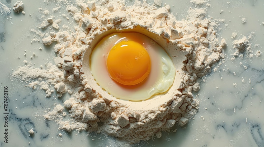 Wall mural Ingredients for baking with chicken eggs and flour on a kitchen surface culinary preparation visible from above