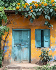 Fototapeta na wymiar Vibrant African Art: Blue Doors and Windows on Chad Building