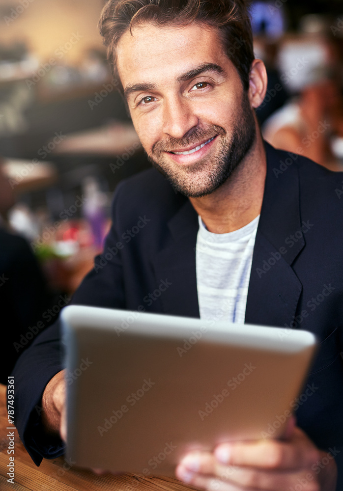 Poster Portrait, cafe and man with tablet, smile and relax with social media and texting with internet and network. Face, person or professional with tech, connection or digital app with customer and client