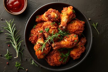Perfectly cooked spicy fried chicken drumsticks garnished with fresh dill served in a black ceramic...