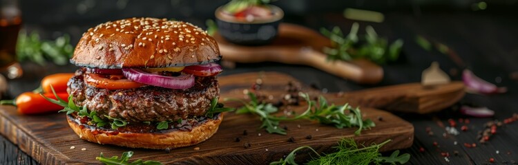 Juicy gourmet burger with sesame bun, fresh toppings on a wooden cutting board, accompanied by...