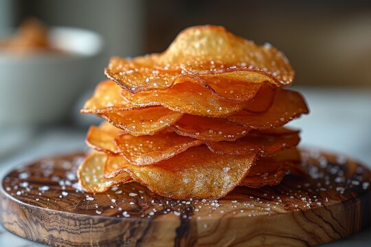 Close-up image of a tempting stack of crispy honeycomb potato chips sprinkled with salt on a wooden plate