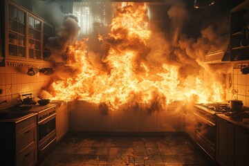 A dramatic kitchen fire engulfs the entire space with overwhelming orange flames and smoke - Powered by Adobe