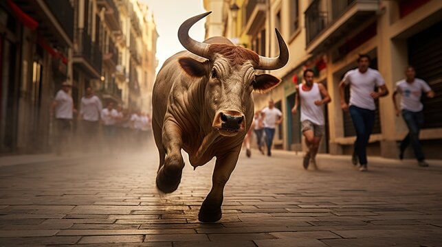 Fototapeta Bull running on the street in Madrid, Spain. People running with the bulls.