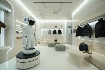 Futuristic robot personal shopper assisting in a stylish, modern fashion store