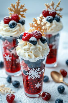 birthday fairytale, beautiful glass cups with white and red colors, filled with blueberries, raspberries and berries in the form of snowflakes, delicious ice cream on top, photo for Instagram story, h