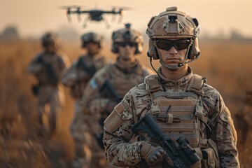Group of soldiers in camouflage with a tactical unmanned aerial vehicle flying in the background, during the golden hour