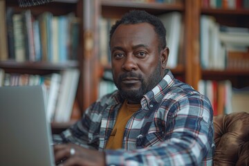 Obraz premium A focused African American man in a plaid shirt works on his laptop in a cozy library setting