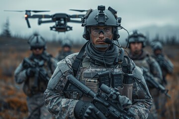 An intriguing image of a soldier in camouflage holding a rifle, with a drone flying overhead and the face blurred