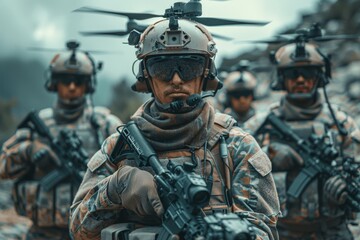 Obraz premium A military squad in combat gear lined up, poised for a tactical operation or mission